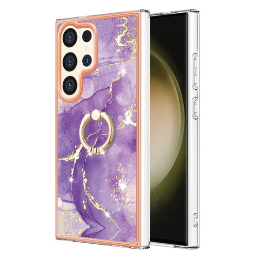 Samsung Galaxy S24 Ultra 5G Electroplating Marble IMD TPU Phone Case with Ring Holder - Purple 002